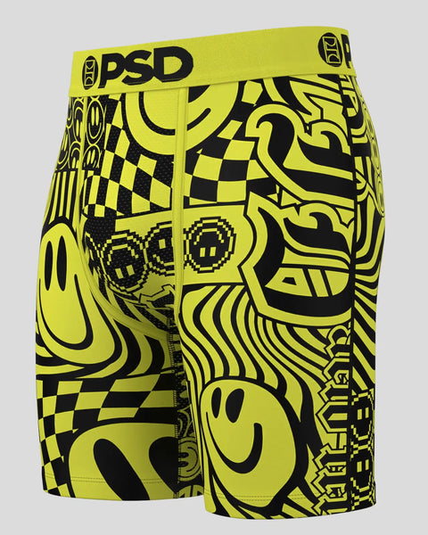 Three pairs of neon yellow and black boxer shorts with smiley face and checkered pattern designs and PSD waistband.