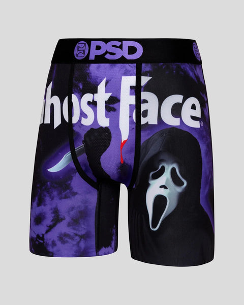 Black and purple PSD boxer briefs with Ghost Face mask graphic and 