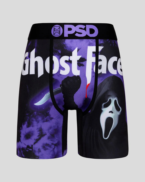 Black and purple PSD shorts featuring Ghost Face character with knife imagery and white text graphic print.