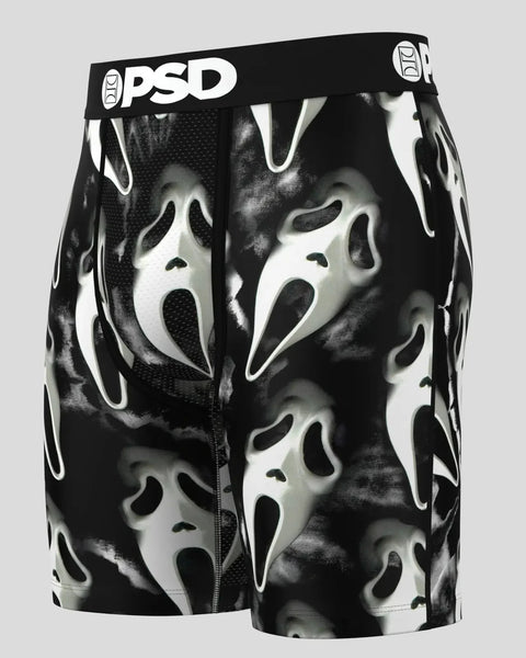 Black shorts with repeating white ghostface mask pattern and PSD waistband.