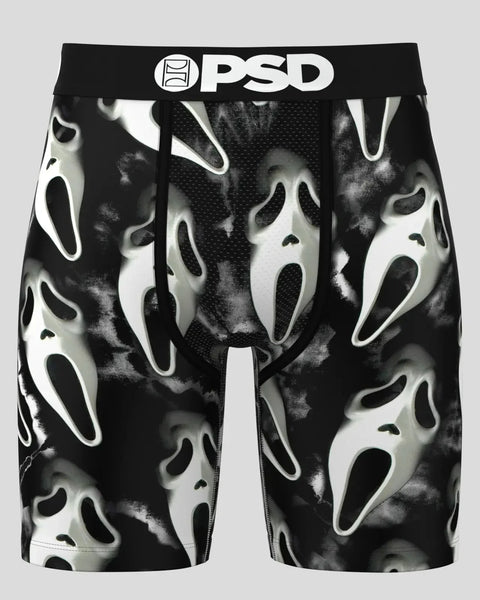 Black and white PSD boxer briefs with repeating ghost face mask print and white waistband.