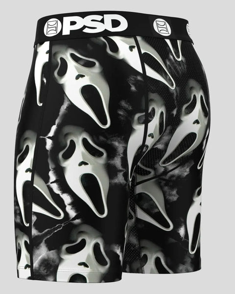 PSD black and white Ghost Face print shorts with brand waistband and mesh panels.