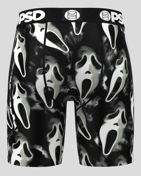 Black shorts with repeating white ghost face pattern and PSD waistband.