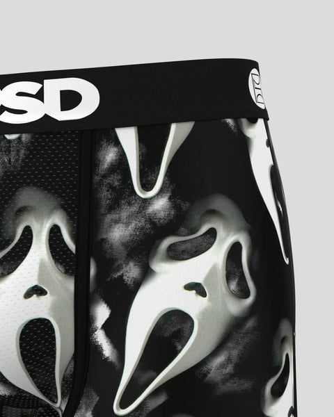 Black and white graphic boxer briefs with ghost face mask print and white waistband with text logo.