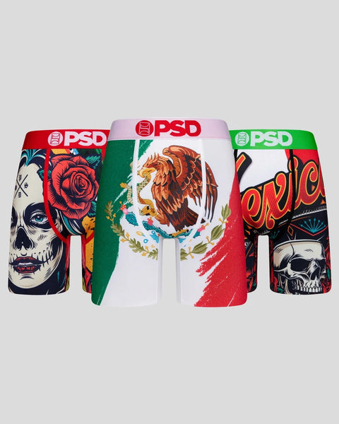 Three PSD boxer shorts with skull and Mexican flag designs featuring red, green, white, and black colorways.