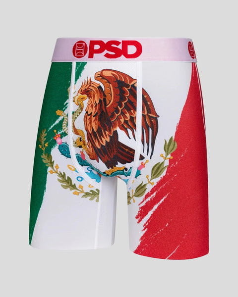 PSD boxer briefs with Mexican flag design featuring eagle, green and red stripes, and pink waistband.