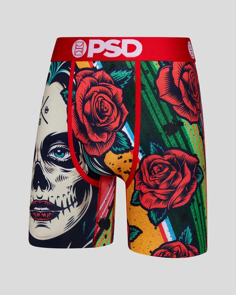 PSD boxer briefs with skull face design on left leg and red roses with colorful accents on right leg, red waistband.