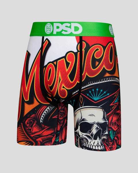 PSD boxer briefs with green waistband featuring red 