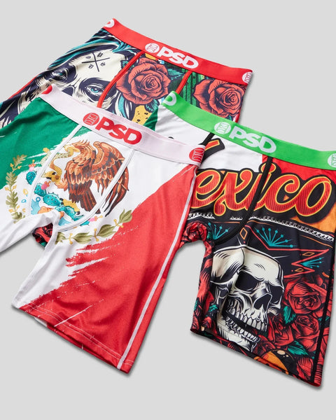 Three men's underwear briefs with Mexican-inspired designs: red roses, Mexican eagle, and skull with 