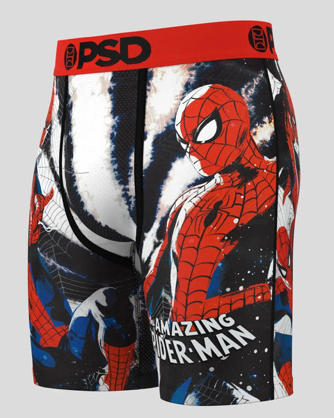 PSD boxer briefs with red, blue, and black Spider-Man graphic print and red waistband.