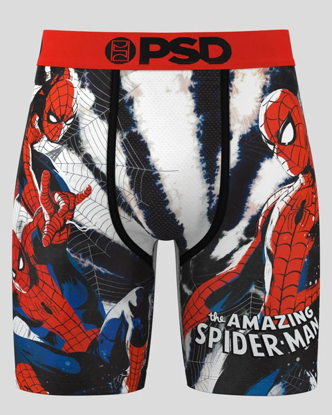 PSD Spider-Man boxer briefs with red waistband, featuring character artwork in red, blue, and black on white background.