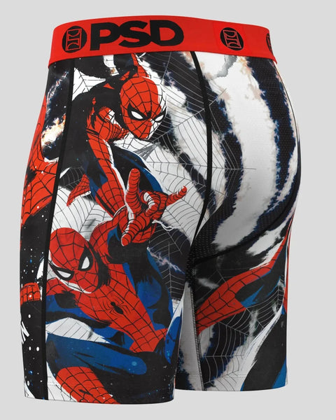PSD brand shorts with red and blue Spider-Man character print and red waistband.