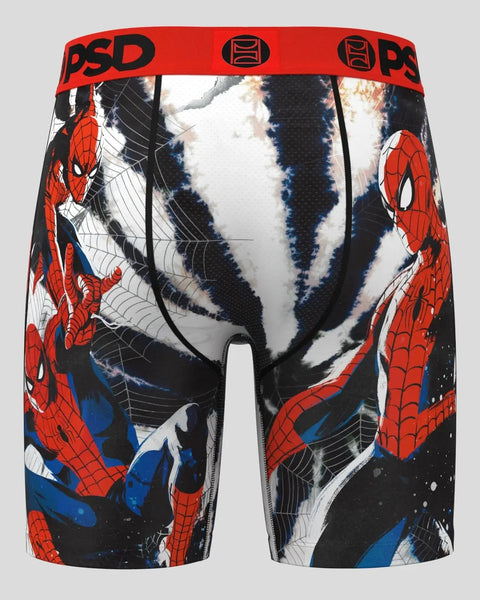 PSD men's boxer briefs with Spider-Man character print in red, blue, and black on white background.