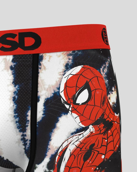 Red and black Spider-Man boxer briefs with character head graphic and web pattern design.