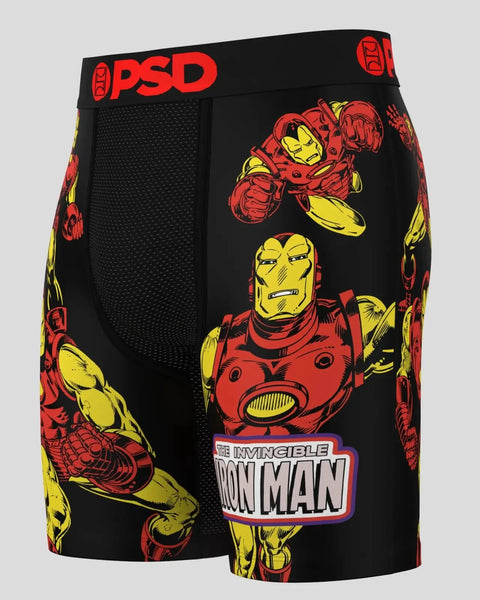 Black boxer briefs with red and yellow Iron Man character print and PSD waistband.