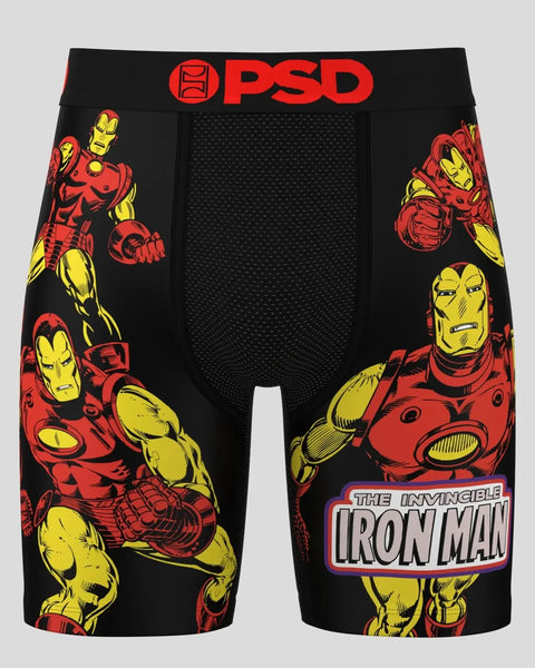 Black PSD boxer briefs with red and yellow Iron Man character graphics and mesh panels.