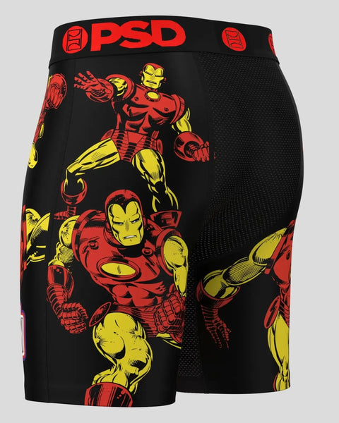 Black PSD boxer briefs with red and yellow Iron Man character print and mesh side panels.