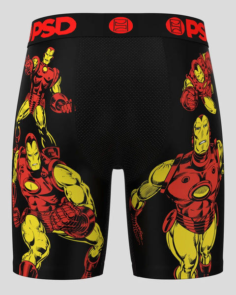 Black PSD boxer briefs with red and yellow Marvel superhero character graphics on sides and black mesh panel center.