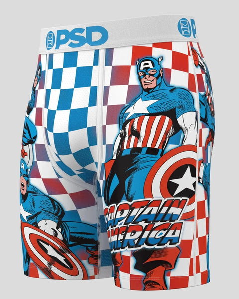 PSD Captain America boxer briefs with blue and red checkered pattern, character illustration, and white waistband.