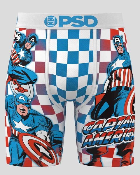 PSD Captain America boxer briefs with blue and red checkered pattern and character graphics.