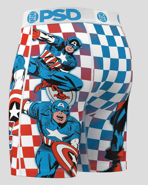 PSD brand shorts with Captain America illustrations and red, white, and blue checkered pattern.