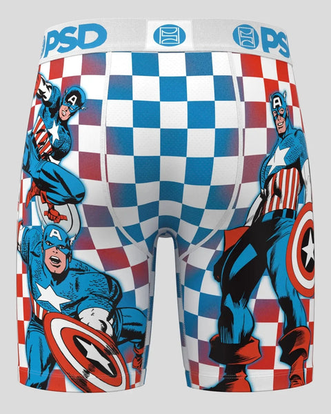 PSD men's boxer briefs featuring Captain America characters in blue and red with white checkerboard pattern.