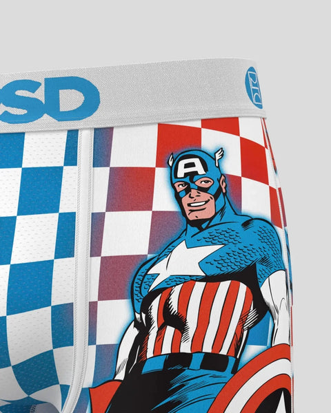 Captain America character illustration on blue and white checkered underwear with elastic waistband.