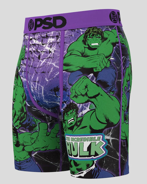 PSD boxer briefs with purple waistband featuring green Hulk character illustrations and "The Incredible Hulk" text on navy an