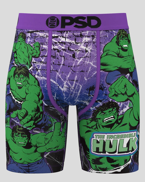 PSD Hulk boxer briefs with green character print, purple waistband, and purple cracked texture center panel.
