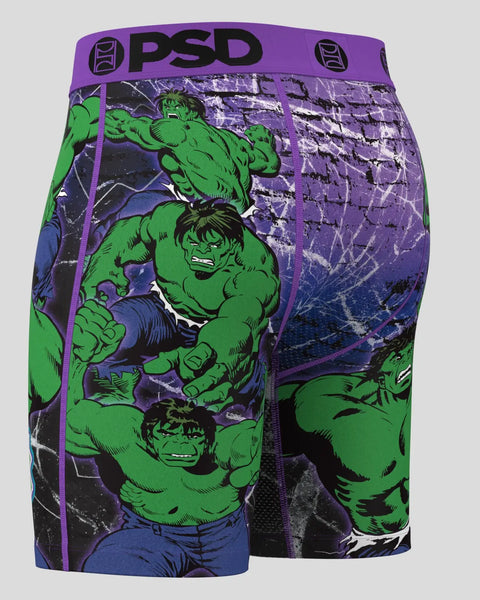 PSD underwear with green Hulk character print and purple waistband on gray background.