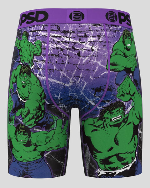 PSD Hulk boxer briefs with green character print, purple waistband, and distressed purple and blue pattern.