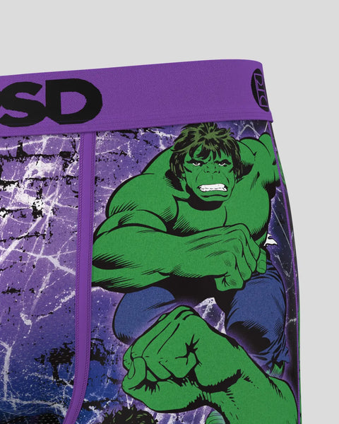 Green Hulk character illustration on purple and blue distressed background with partial 