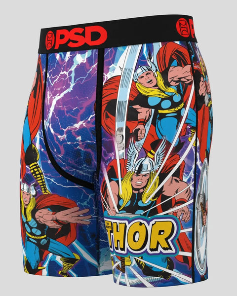 PSD brand men's boxer briefs with Thor character comic art print and purple lightning bolt design.