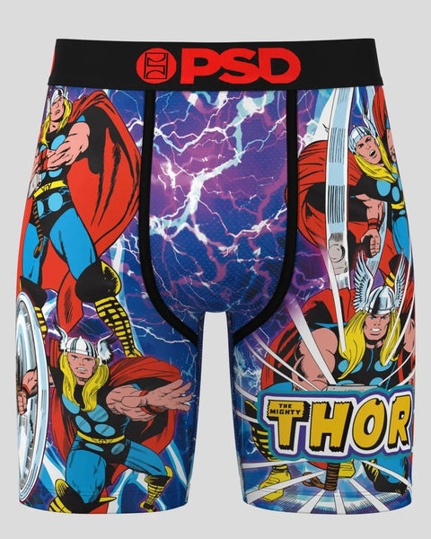 PSD brand boxer briefs with Marvel Thor character print and purple lightning bolt pattern on blue background.