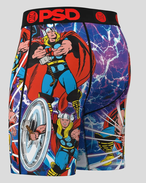 PSD brand men's boxer briefs featuring Thor character artwork with lightning bolt and hammer designs on black waistband.