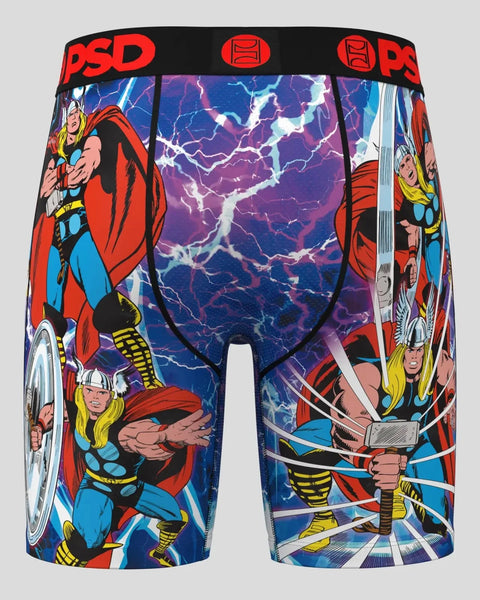 PSD men's boxer briefs featuring Thor character in red cape and blue costume with lightning bolt pattern center panel.