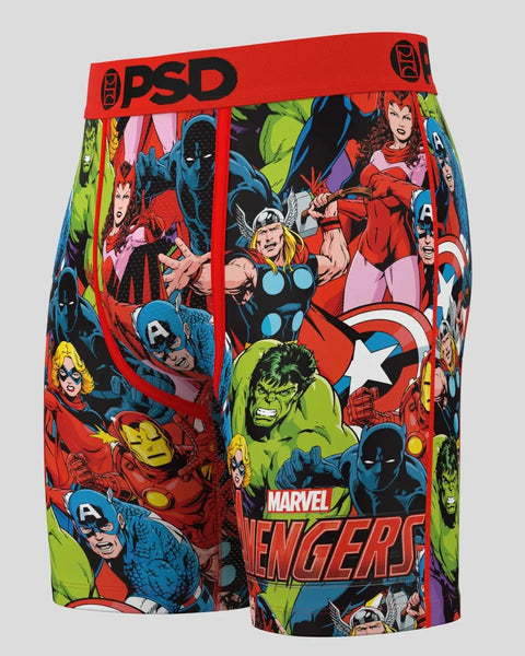 Men's boxer briefs with red PSD waistband featuring colorful Marvel Avengers characters and logos printed throughout.