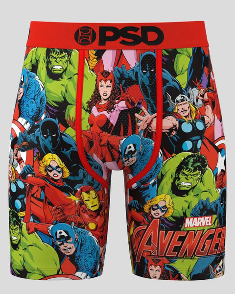 PSD boxer briefs with red waistband featuring Marvel Avengers characters including Hulk, Captain America, Thor, and Iron Man 