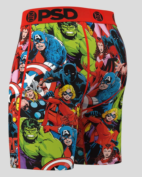 Red PSD boxer shorts with Avengers characters including Captain America, Hulk, and Thor printed throughout.