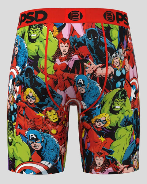 Avengers character print boxer shorts with red PSD waistband and red contrast stitching on black background.
