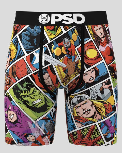 PSD boxer briefs with Marvel comic book character panels featuring superheroes in colorful illustrated squares separated by w