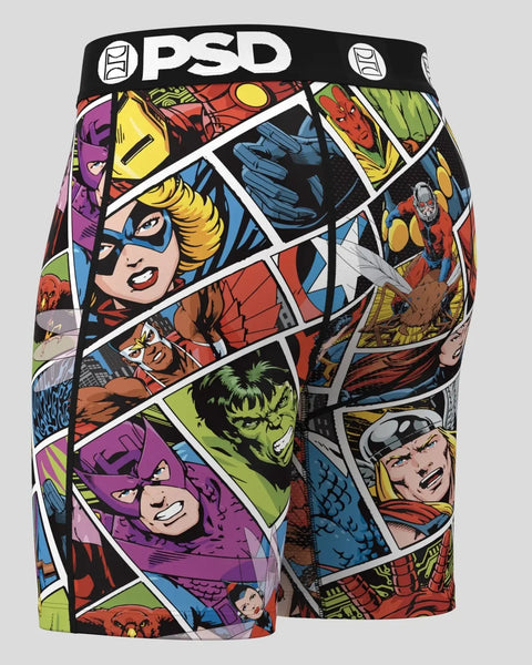 PSD black shorts with Marvel comic book character panels in red, blue, yellow, and purple.