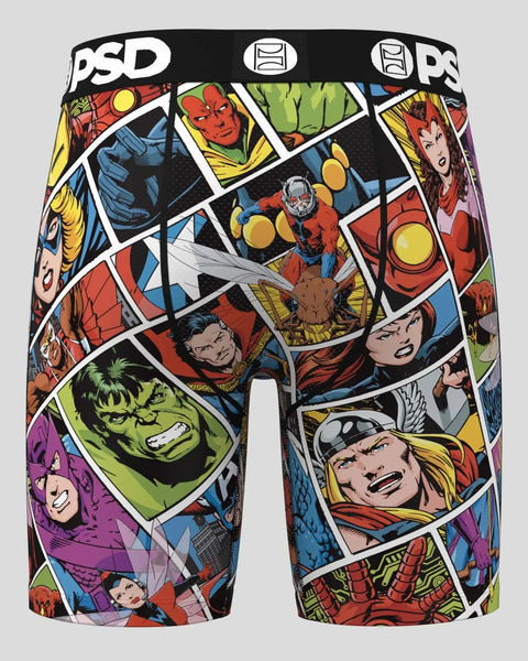 PSD brand underwear with colorful Marvel comic book character panels and white grid pattern on black background.