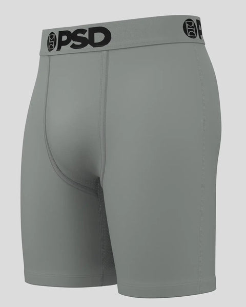 Gun metal gray PSD brand boxer briefs with black waistband and logo.