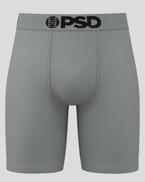 Gun metal gray PSD boxer briefs with black waistband logo and contrast stitching.