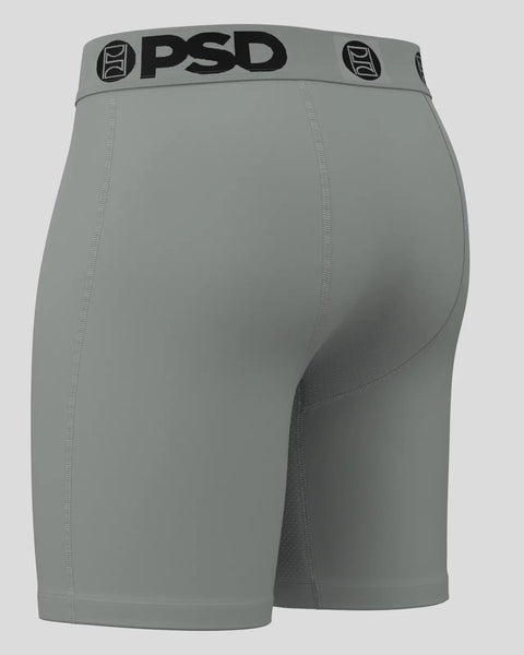 Gun metal gray PSD brand men's compression shorts with black waistband logo.