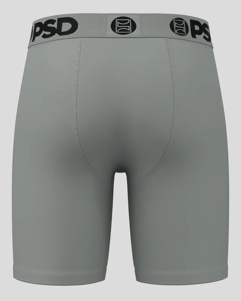 Gray PSD boxer briefs with black waistband logo and center seam detail.