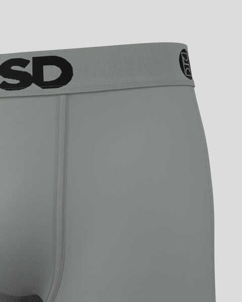 Gun metal gray shorts with elastic waistband and black branded text on waistband.