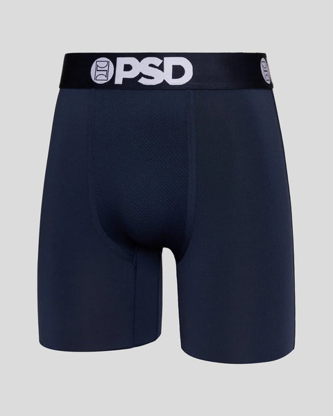 Navy blue men's boxer briefs with black and white PSD waistband.