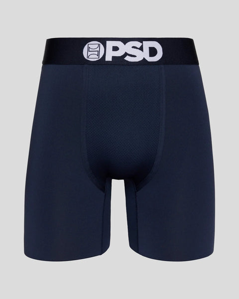 Navy blue boxer briefs with black and white PSD waistband.